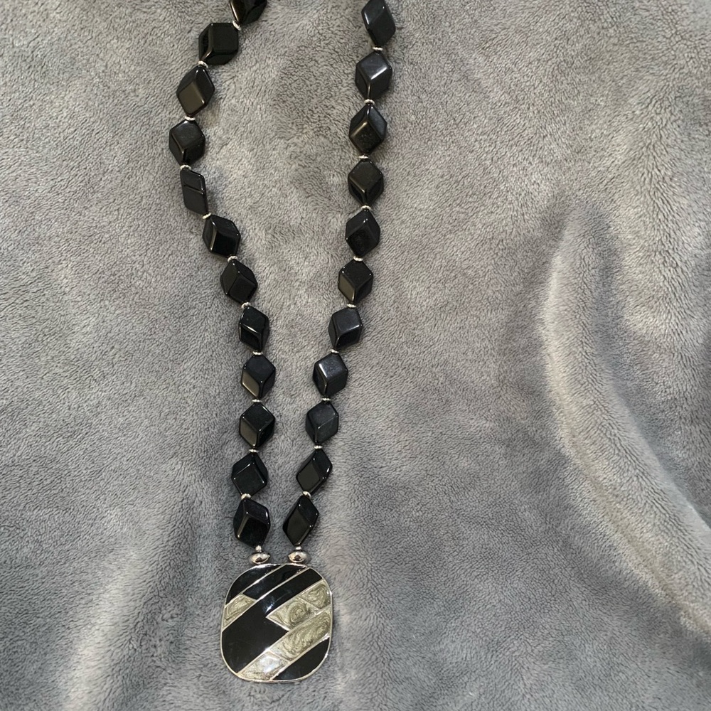Trifari Vintage Black and Silver Necklace with Black‎ and Silver Enamel Pendant